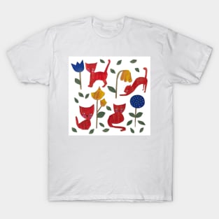 cat and flower pattern T-Shirt